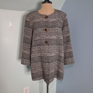 Salremon Grey Geometric Jacquard Wool Blend Collarless Button Front Coat Lined
